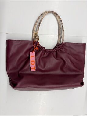 LDT Burgundy Tote with Snake-Print Handles